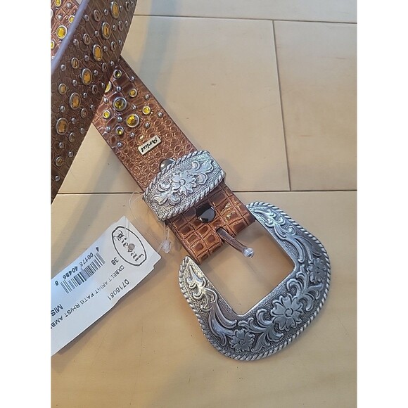 NWT Ariat Western Leather Belt Size 36 Silver Engraved Buckle Yellow Rhinestone main image 8